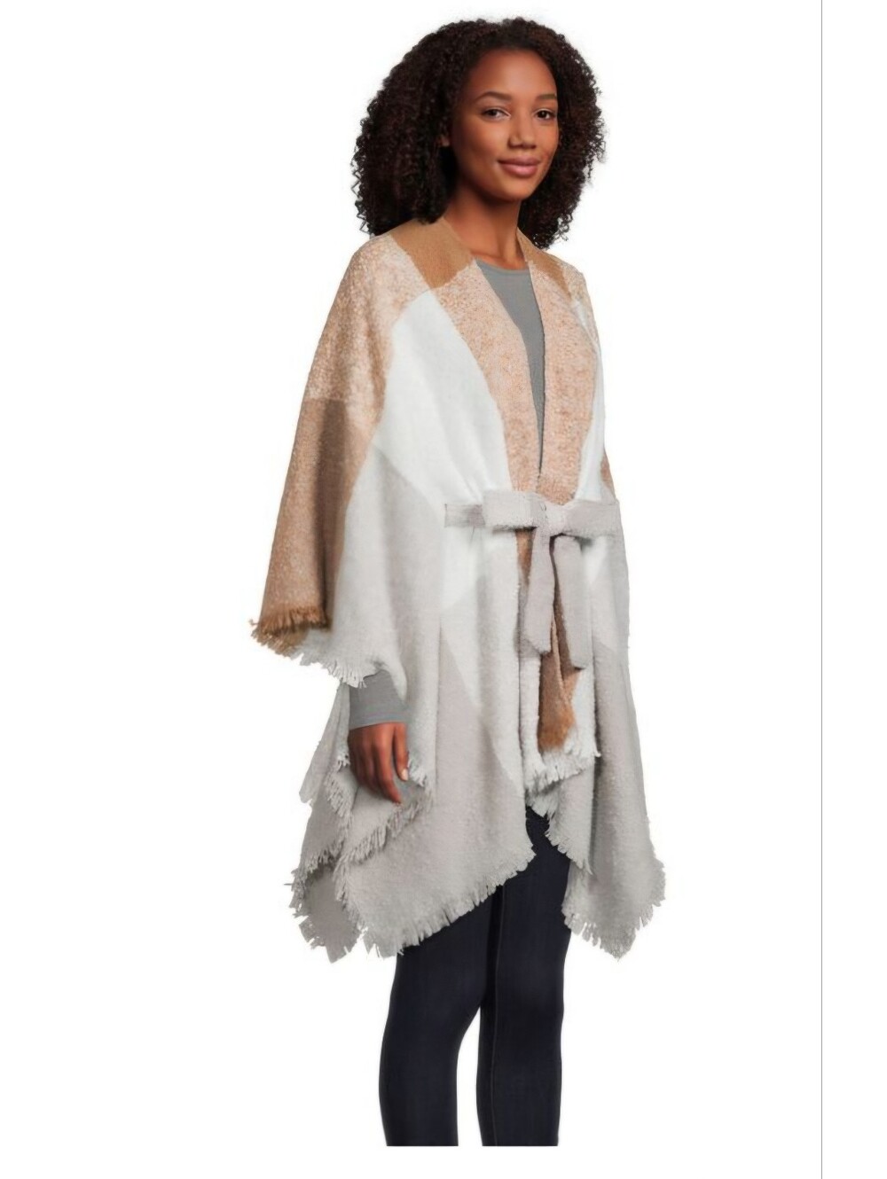 NWT World Market Fringe Windowpane Boucle Poncho With Belt in Cream, Tan - OSFM
